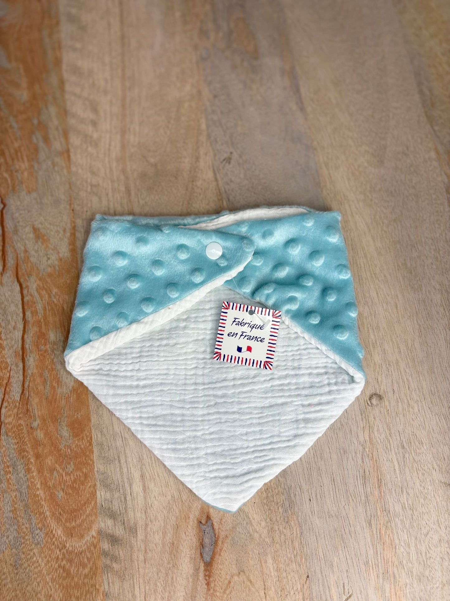Bavoir Bandana Minky Vert d’Eau & Gaz de Coton Blanc