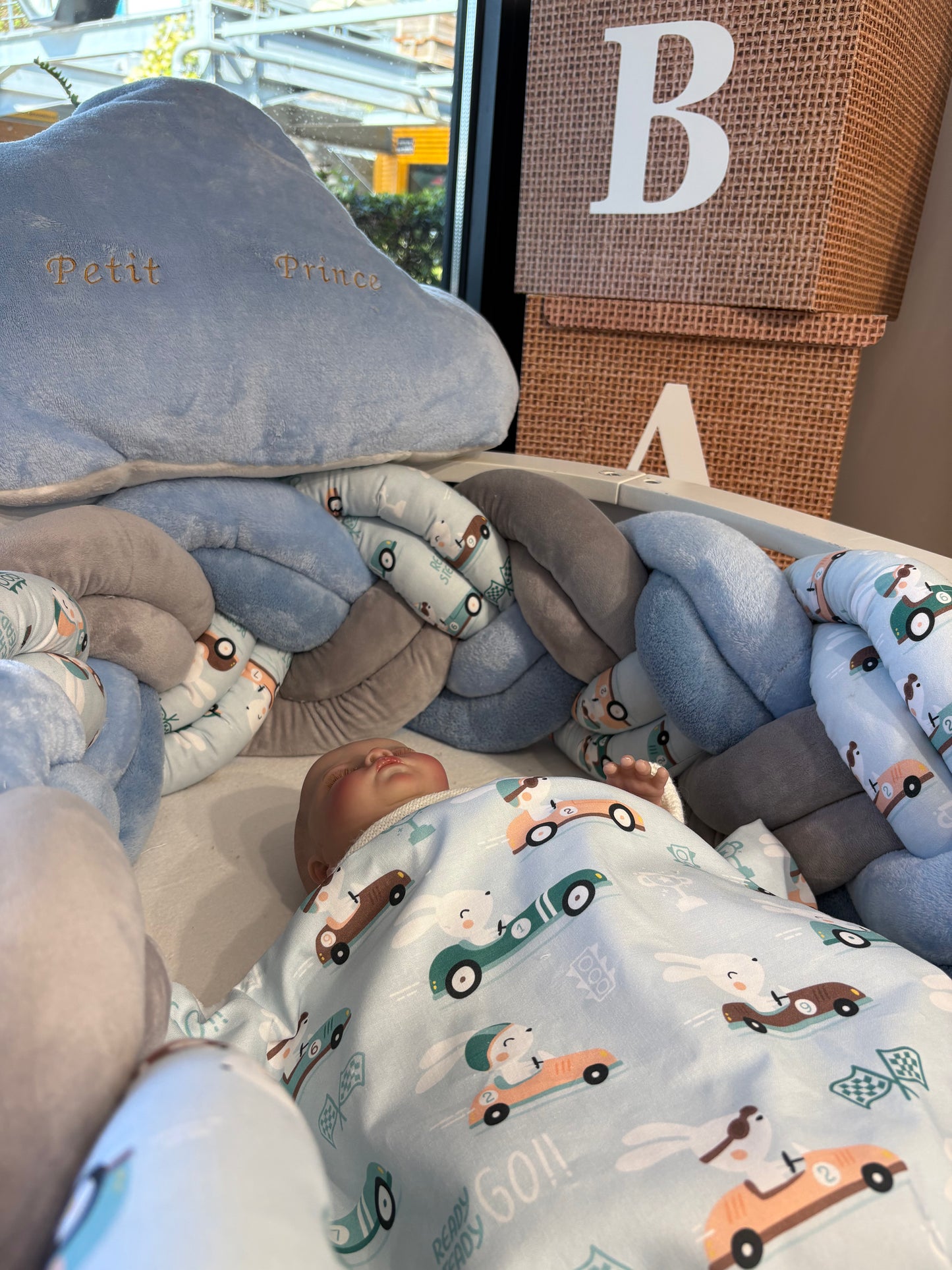 Tresse de Lit 6 Brins Gris & Bleu motif Voiture