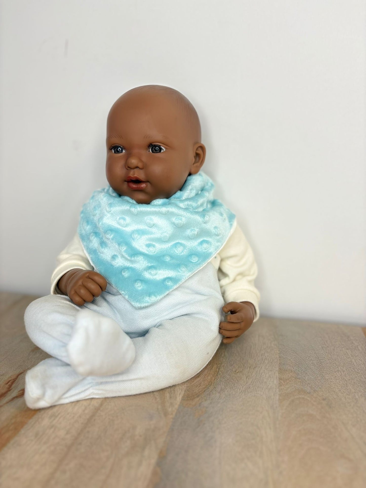 Bavoir Bandana Minky Vert d’Eau & Gaz de Coton Blanc