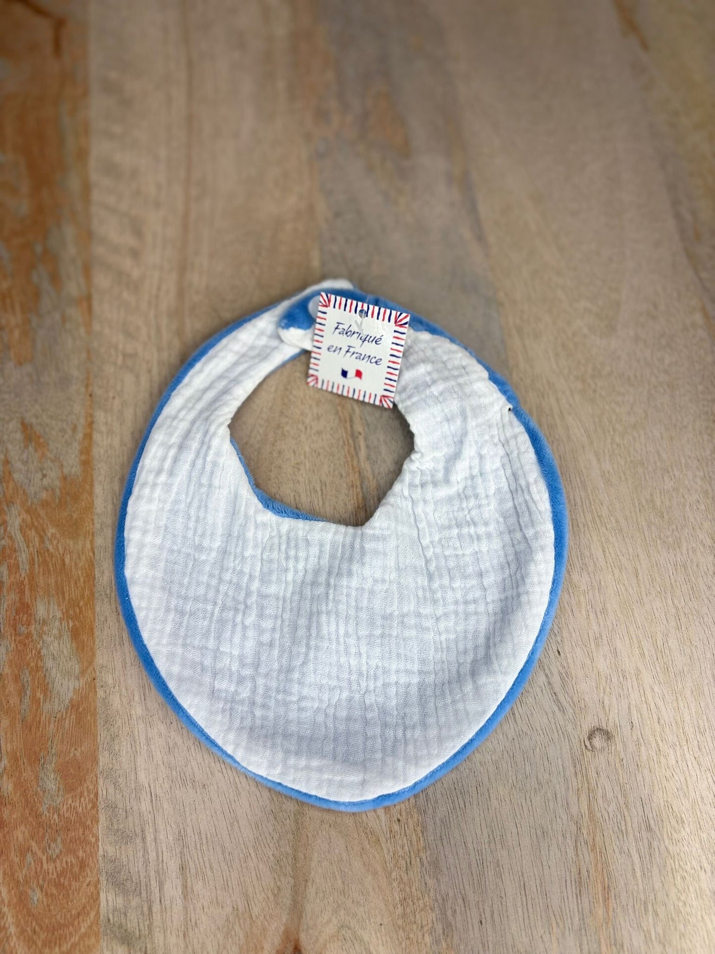 Bavoir Minky bleu & Gaz de Coton Blanc