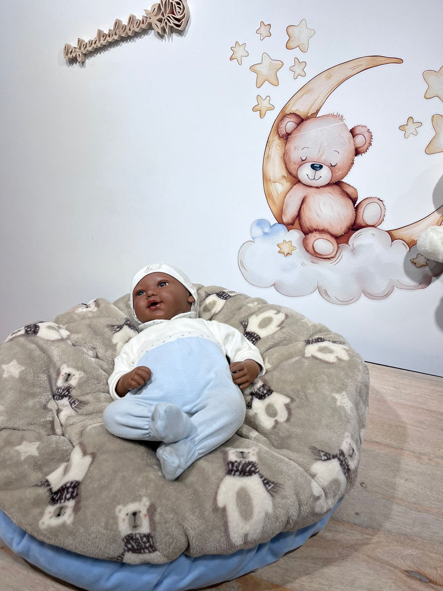 Œuf Cocon Bleu & Beige motif ourson