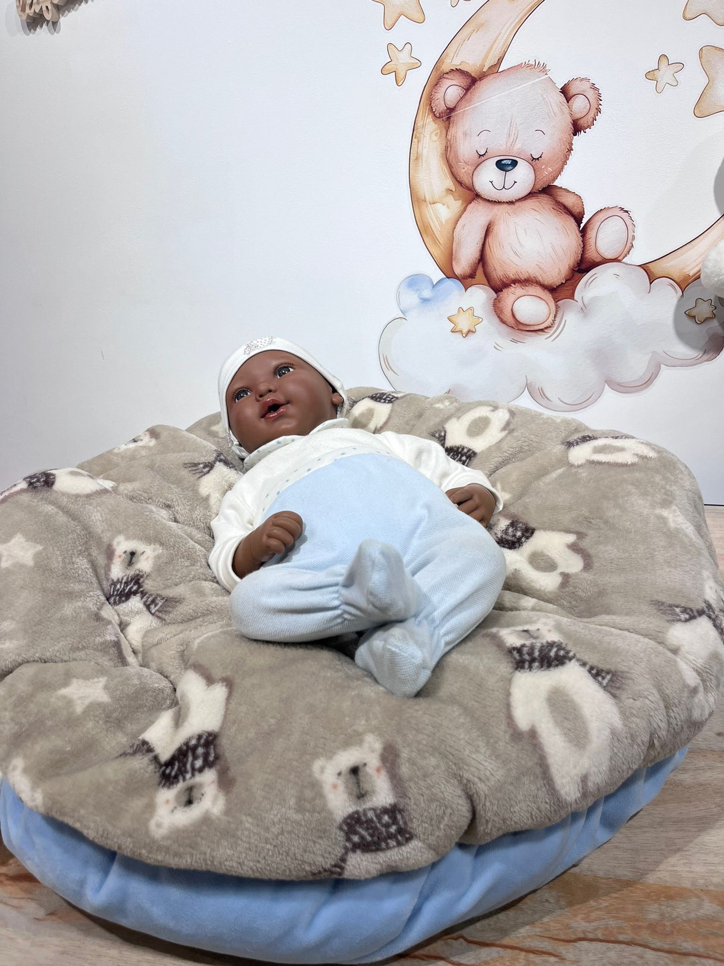 Œuf Cocon Bleu & Beige motif ourson