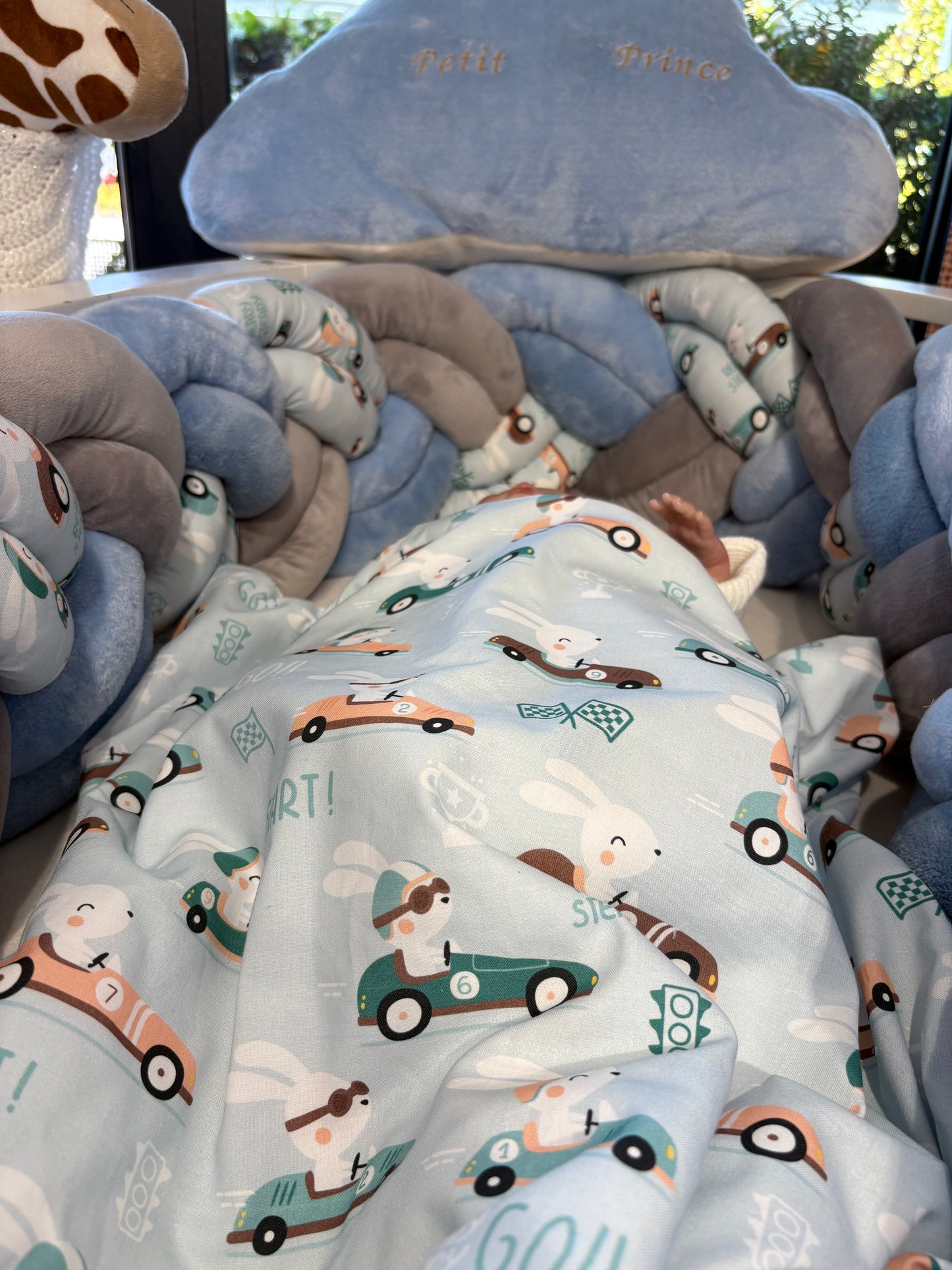 Tresse de Lit 6 Brins Gris & Bleu motif Voiture