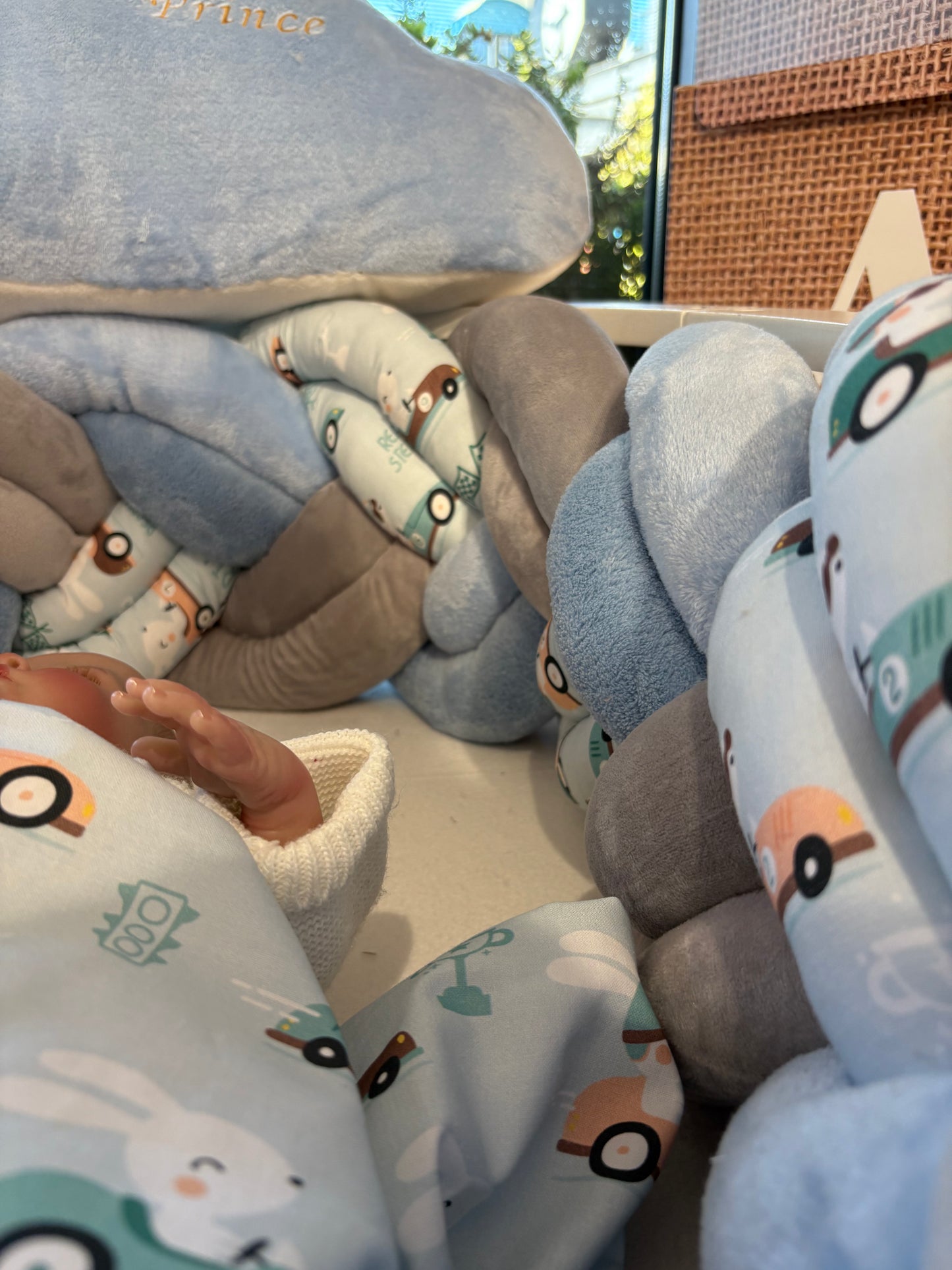 Tresse de Lit 6 Brins Gris & Bleu motif Voiture